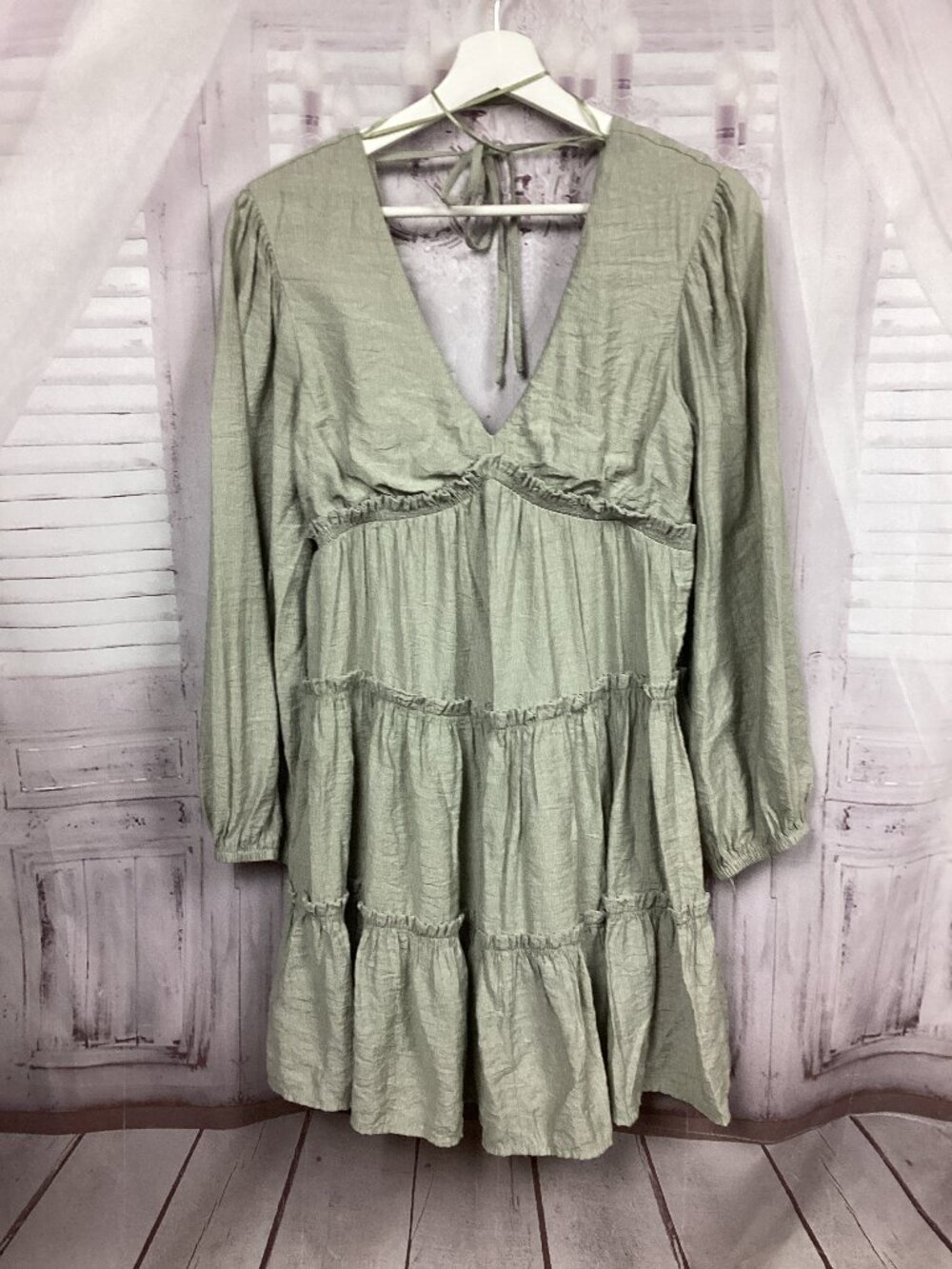 Altar'd State Sage Green V Neck Tiered Long-Sleeve Mini Dress S